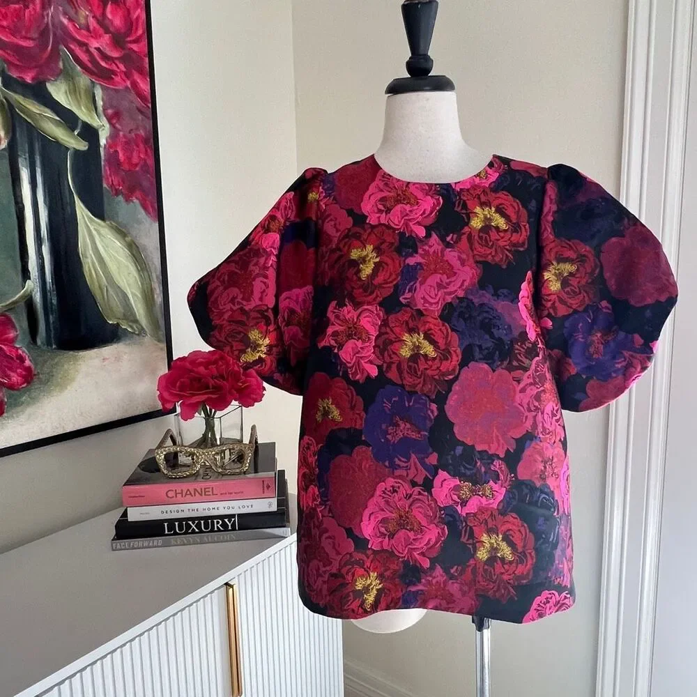 Tuckernuck POMANDER Place Floral Jacquard Puff Sleeve Blouse Multicolor Large